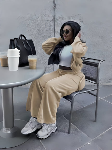 Tan zip jacket and tapered pants set, zip-front jacket with relaxed tapered legs