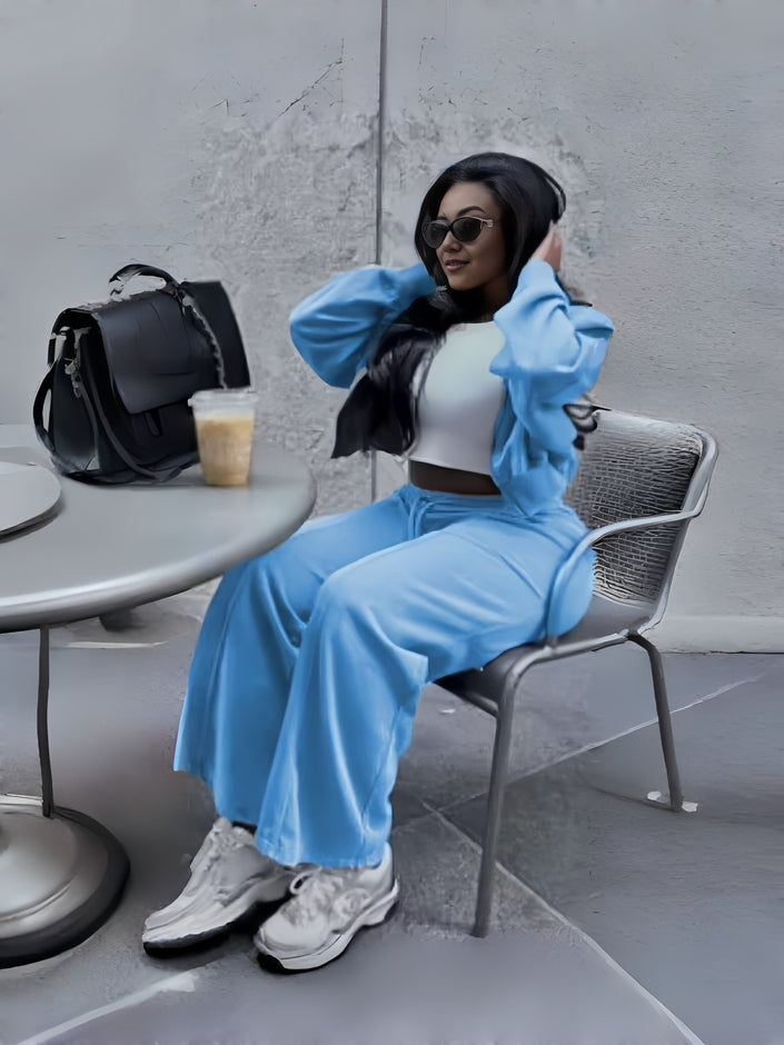 Sky-blue zip jacket and tapered pants set, zip-front jacket and tapered trousers