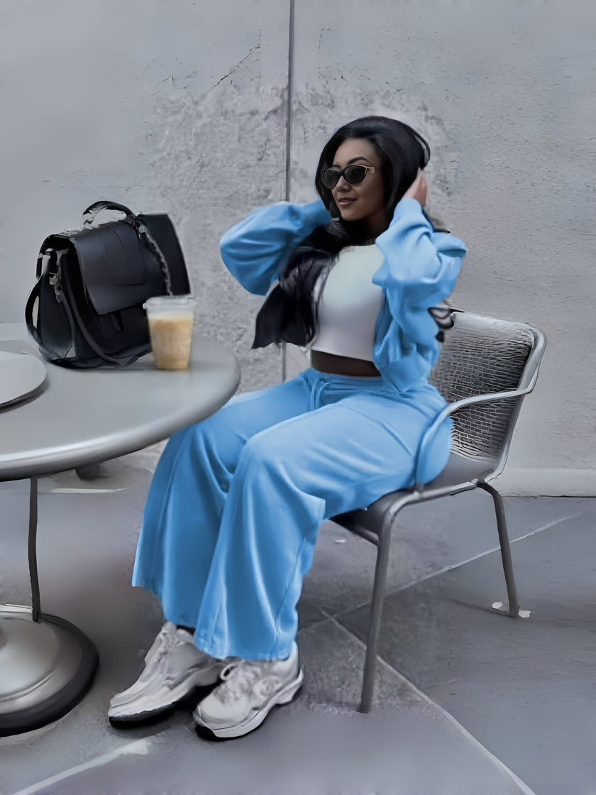 Sky-blue zip jacket and tapered pants set, zip-front jacket and tapered trousers