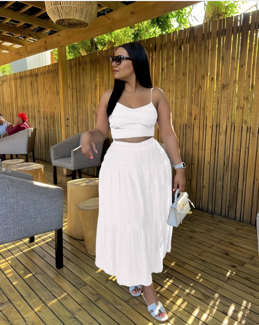 Sleeveless Crop Top & Pleated Maxi Skirt Twin Set - Solid Pattern Design