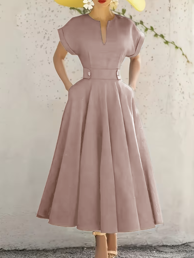 Tan midi A-line dress with keyhole neckline, pleated skirt, short sleeves