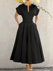 Black midi A-line dress, keyhole neckline, pleated skirt, short sleeves