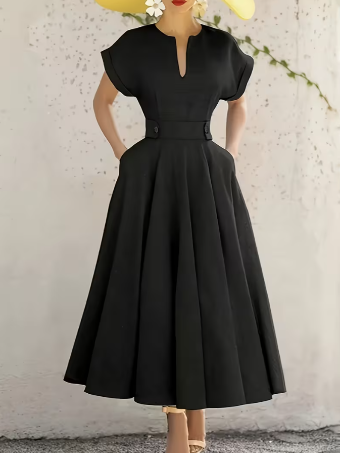 Black midi A-line dress, keyhole neckline, pleated skirt, short sleeves
