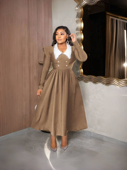 Tan vintage midi dress with white contrast collar, button front, puff sleeves