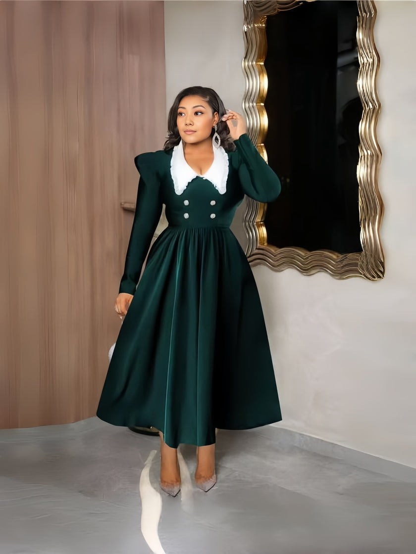 Vintage Double-Breasted Long Sleeve Midi Dress with Contrast Lapel