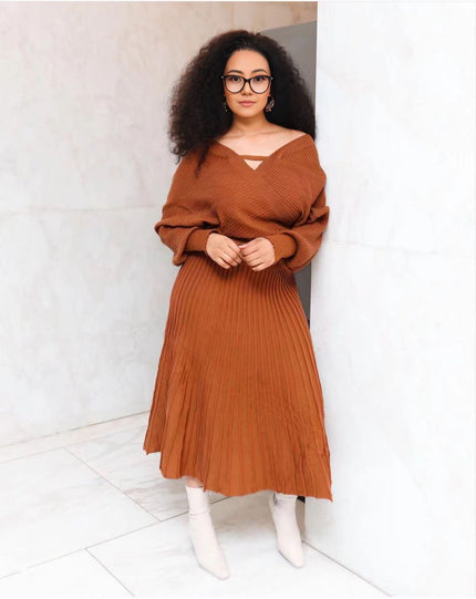 Terracotta knit V-neck top and pleated skirt set, long sleeves
