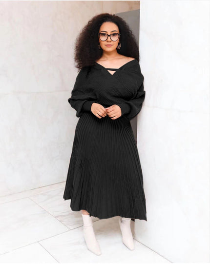 Black knit V-neck top and pleated skirt set, long sleeves