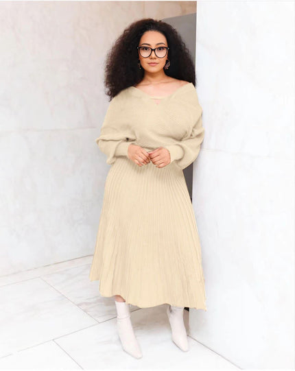 Beige knit V-neck top and pleated skirt set, long sleeves
