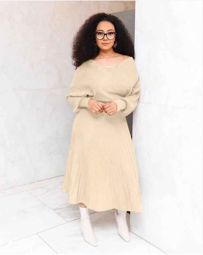 Beige knit V-neck top and pleated skirt set, long sleeves