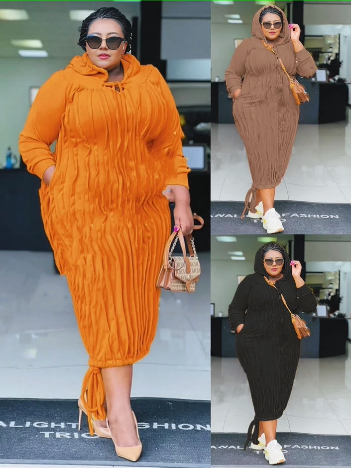 Pleated midi hooded dress with drawstring hem and gathered texture, multiple colors shown