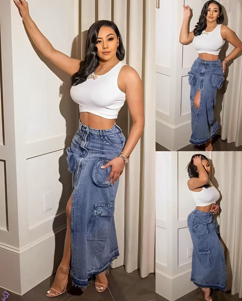 Fashionable Large-Pocket Denim Midi Skirt with High Slit Style