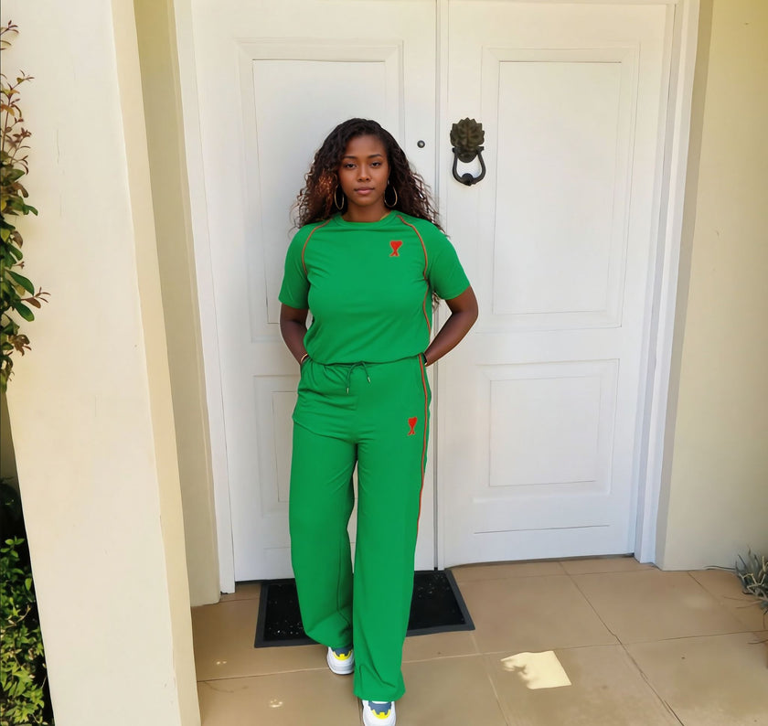 Casual Two-Piece Set Red Trim Short Sleeve Wide Pants