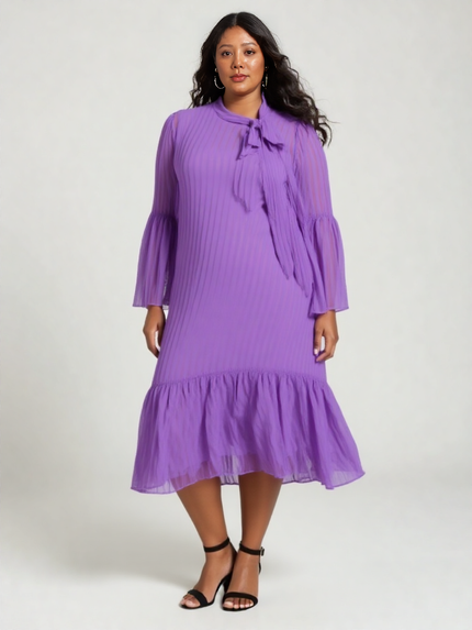 Purple pleated midi dress with neck tie, puff sleeves, and ruffle hem
