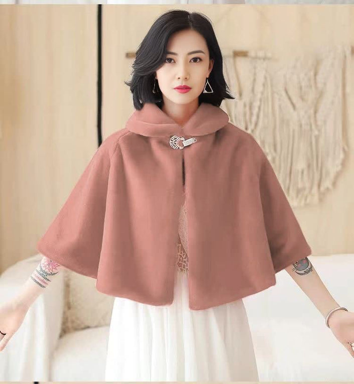Pink cape with bow clasp, short sleeves, high collar