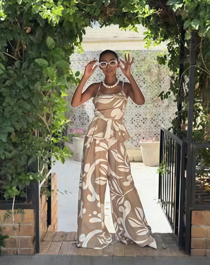 Twin Set floral wide-leg peplum jumpsuit, sleeveless cream with beige abstract print