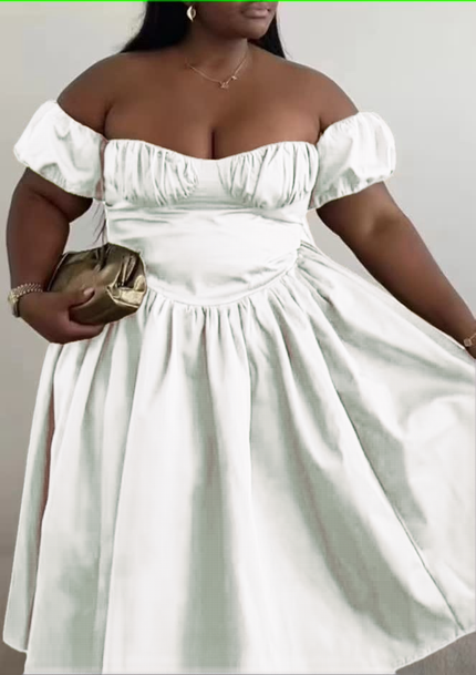 White off-shoulder puff-sleeve dress, ruched bodice, full flared skirt