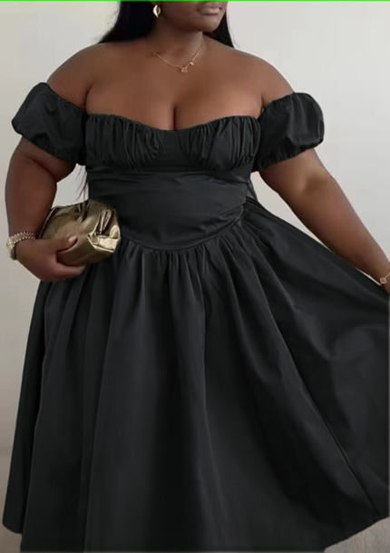Black off-shoulder puff-sleeve dress with ruched bodice and full flared skirt