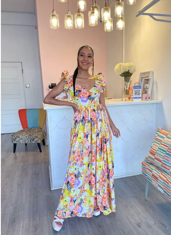 Summer Blossom Printed Maxi with Ruffled Shoulder Accents