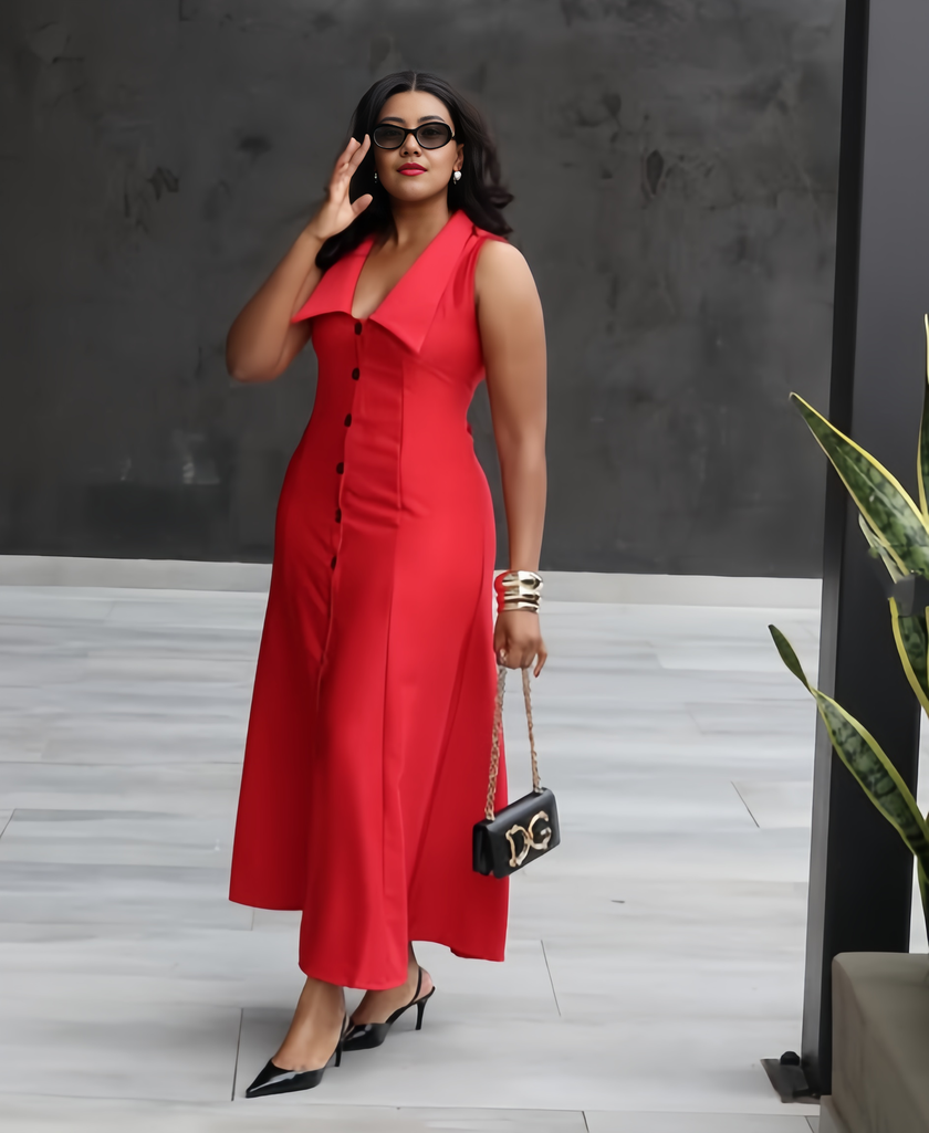 Sleeveless V-neck Dress with Lapel and Button Front