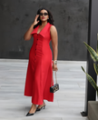 Red sleeveless lapel midi dress with button-front closure and flared skirt