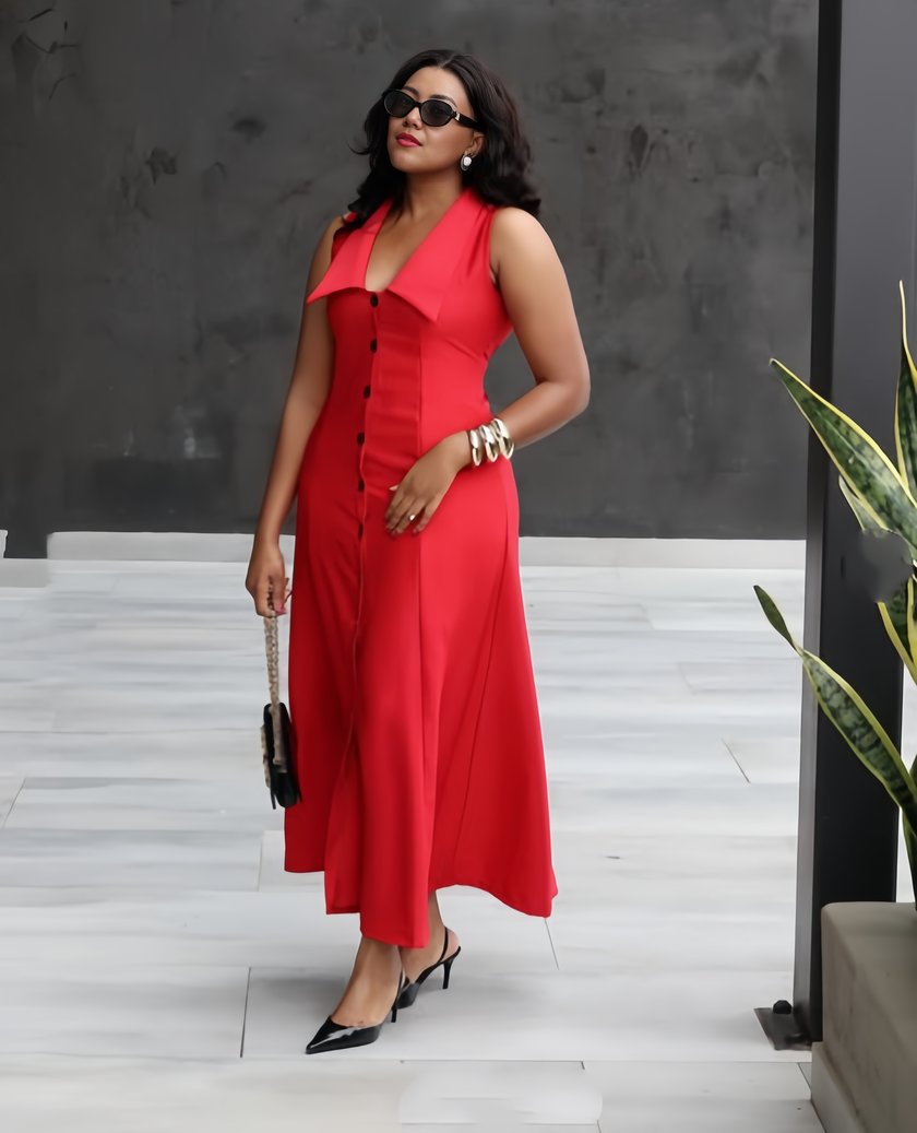 Sleeveless V-neck Dress with Lapel and Button Front