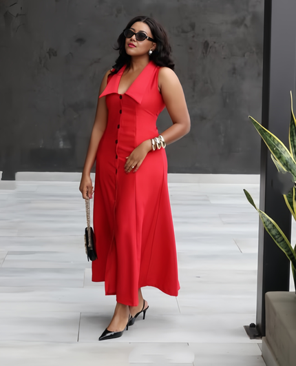 Red sleeveless lapel midi dress with front buttons and V-neckline
