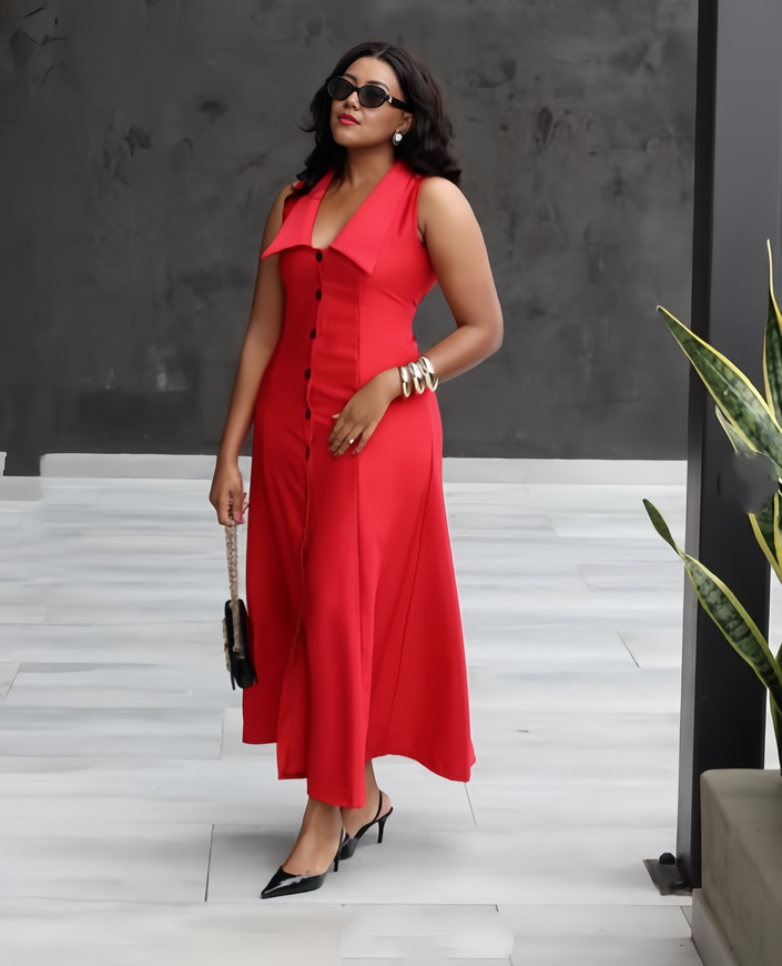 Red sleeveless lapel midi dress with front buttons and V-neckline
