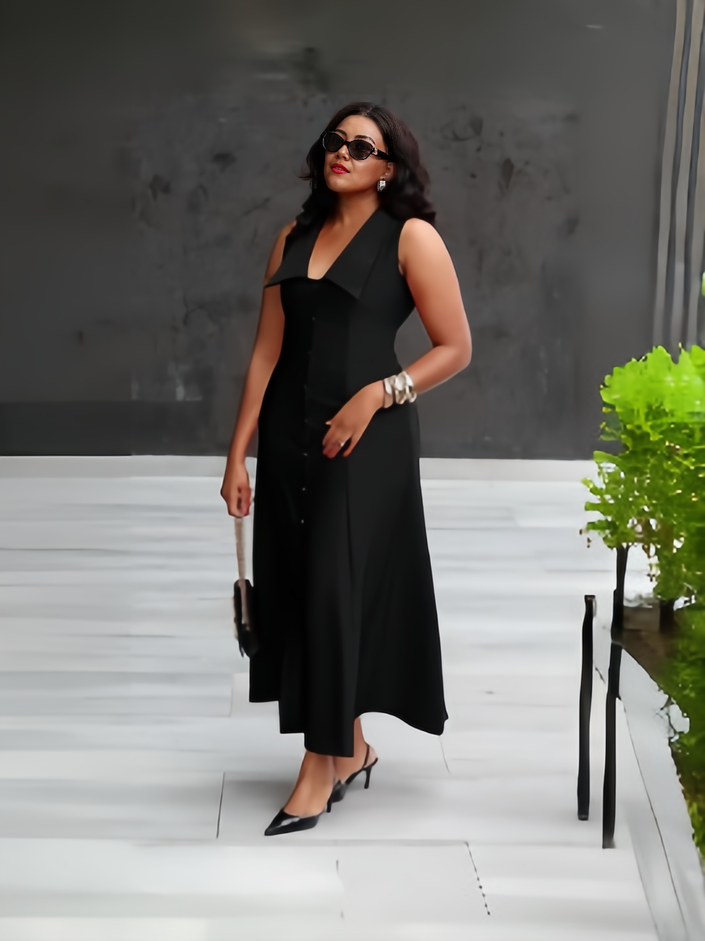 Black sleeveless lapel midi dress with button-front closure and V-neck detail