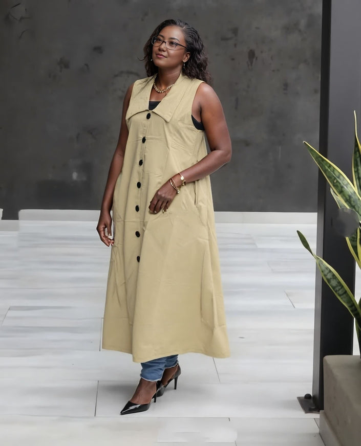 Khaki sleeveless lapel midi dress with button-front placket and V-neck