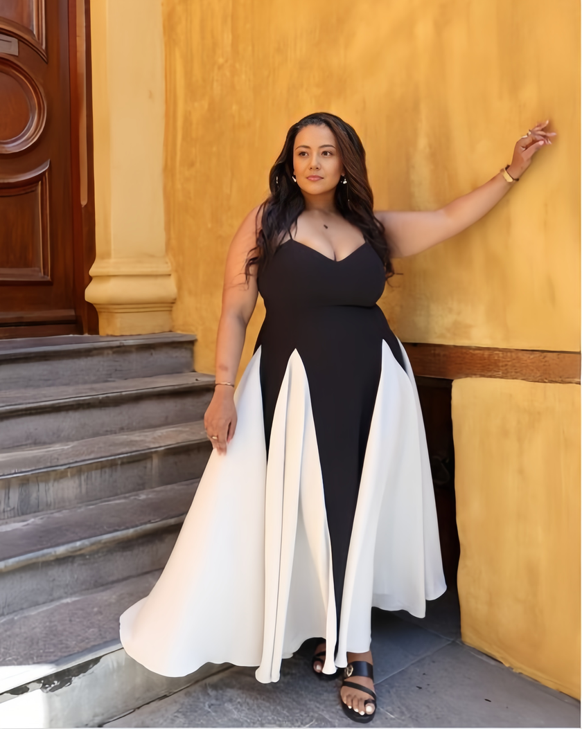 Fitted Bodice Flare Bottom Dress with Dual-Tone Design