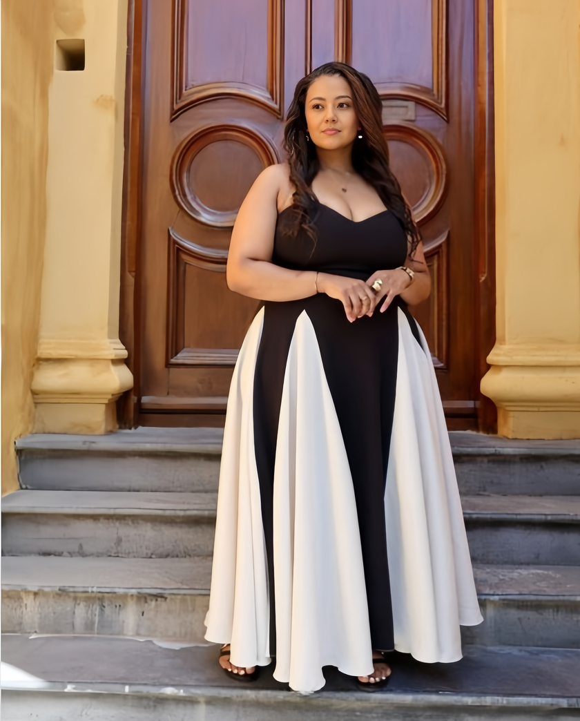 Fitted Bodice Flare Bottom Dress with Dual-Tone Design