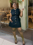 Dark belted sleeveless mini dress with gold buttons and front pockets