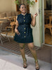 Sleeveless Mid-Length Dress - Front Yellow Button Accents and Slim Waist Belt Design