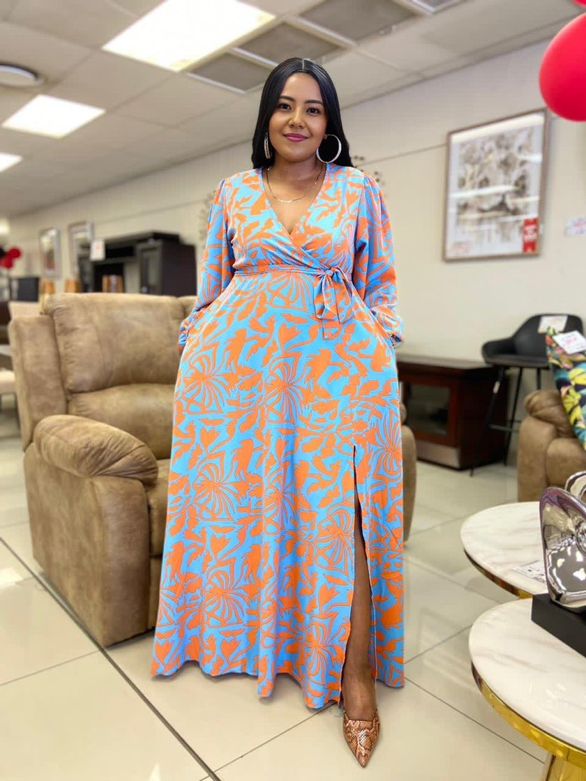 Ladies' Long Sleeve V-Neck High Waist Slit Dress