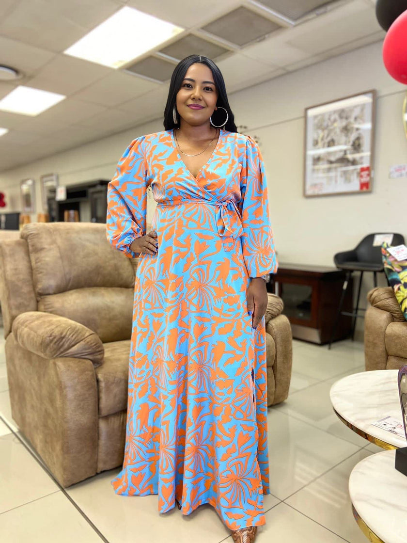 Ladies' Long Sleeve V-Neck High Waist Slit Dress