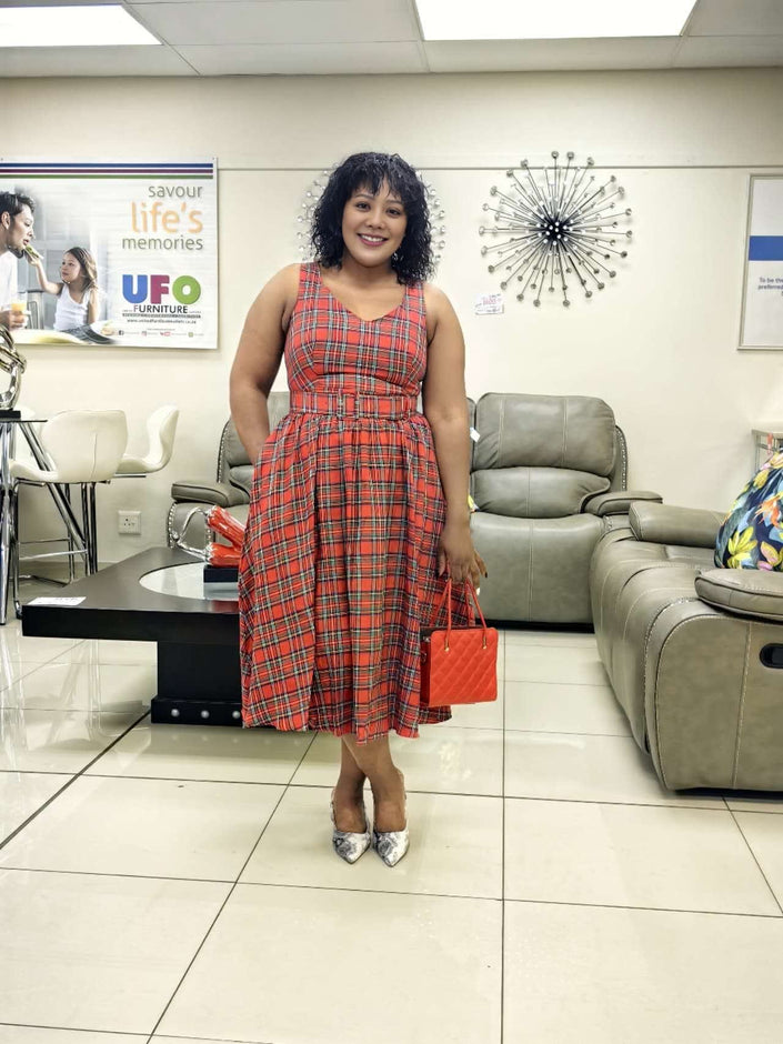 Sleeveless red plaid checkered midi dress with flared skirt and fitted waist