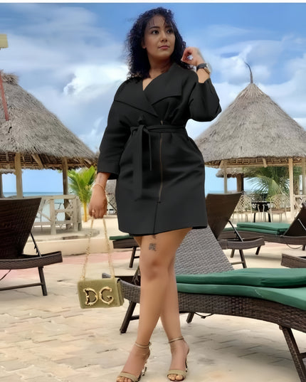 Black wrap trench coat with waist belt, 3/4 sleeves, above-knee length