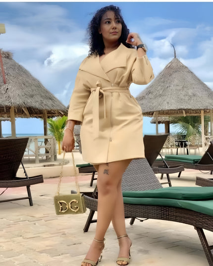 Beige wrap trench coat with waist belt, 3/4 sleeves, above-knee length