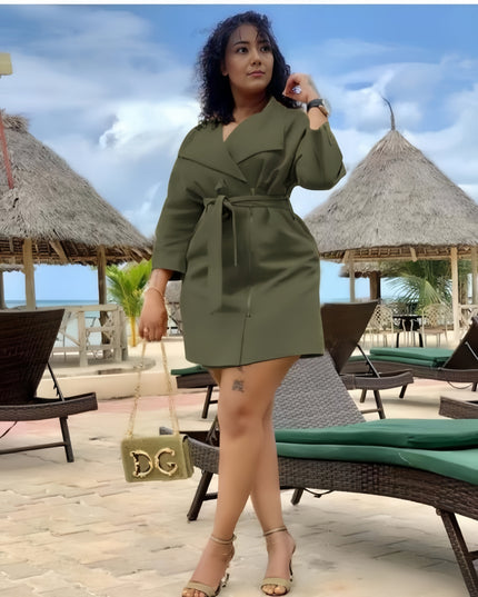 Army-green wrap trench coat with waist belt, 3/4 sleeves, above-knee length