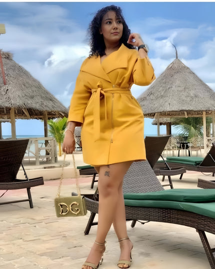 Yellow wrap trench coat with waist belt, 3/4 sleeves, above-knee length