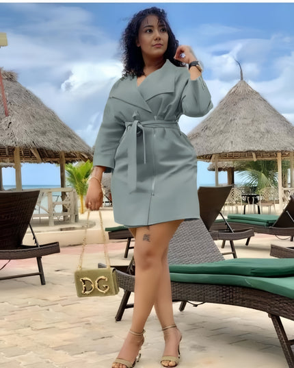 Mint-green wrap trench coat with waist belt, 3/4 sleeves, above-knee length