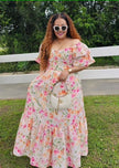 Floral off-shoulder maxi dress with puff sleeves and tiered skirt, pink and green print