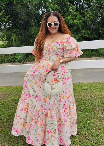 Floral off-shoulder maxi dress with puff sleeves and tiered skirt, pink and green print