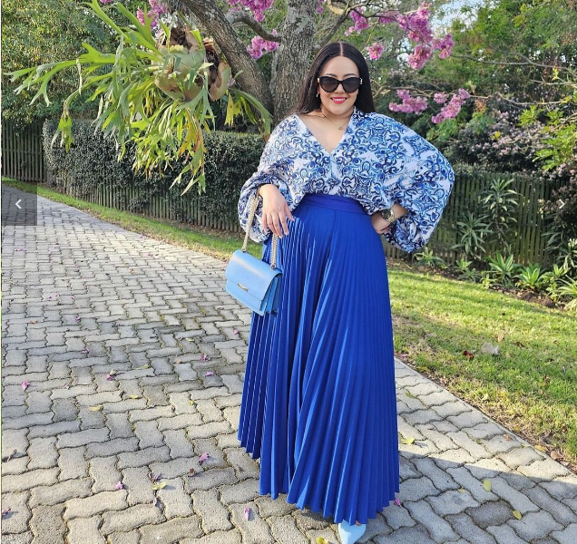 Garden-Inspired Patterned Top& Full-Length Pleated Skirt Set