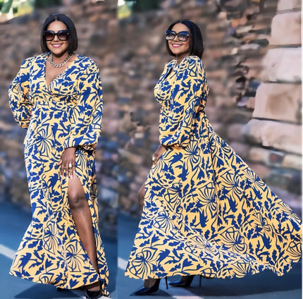 V-neck maxi dress with high waist and front slit, blue patterned print