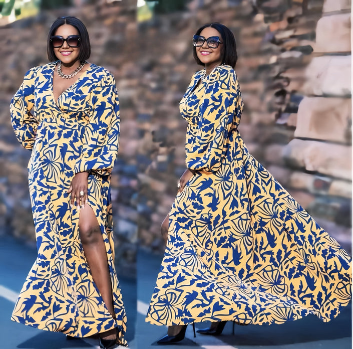 V-neck maxi dress with high waist and front slit, blue patterned print