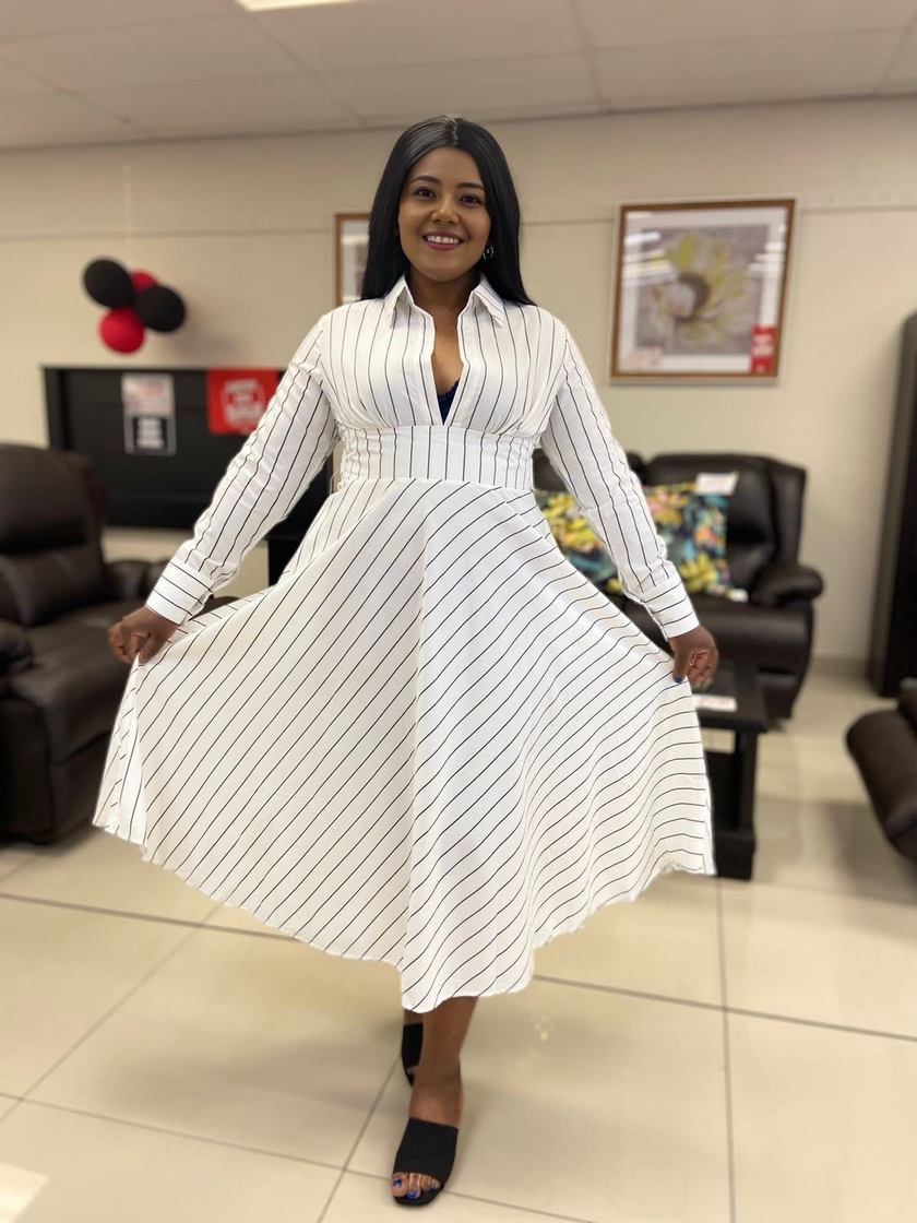 Striped Long Sleeve A-Line Dress, Turn-Down Collar, Front Opening, High Waistline