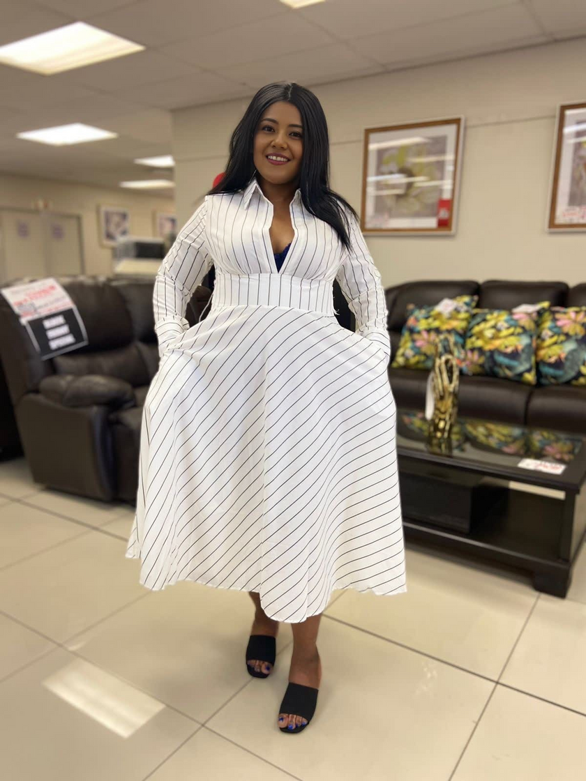 Striped Long Sleeve A-Line Dress, Turn-Down Collar, Front Opening, High Waistline