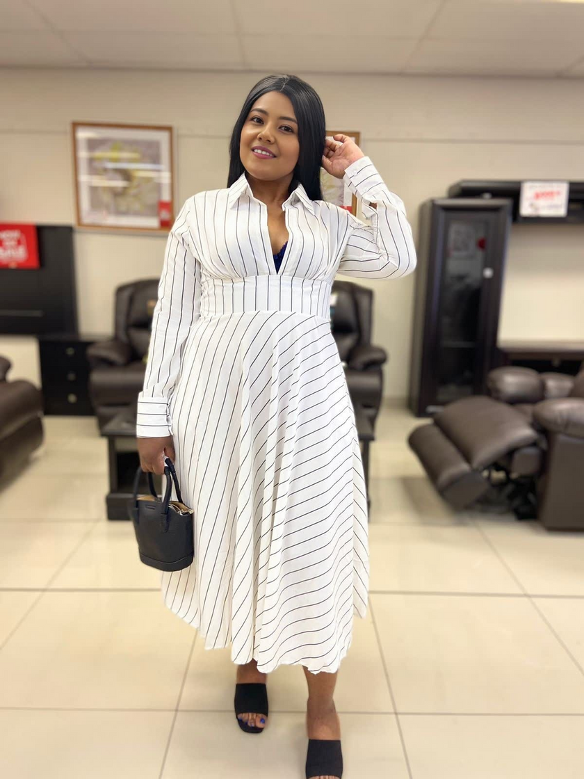 Striped Long Sleeve A-Line Dress, Turn-Down Collar, Front Opening, High Waistline