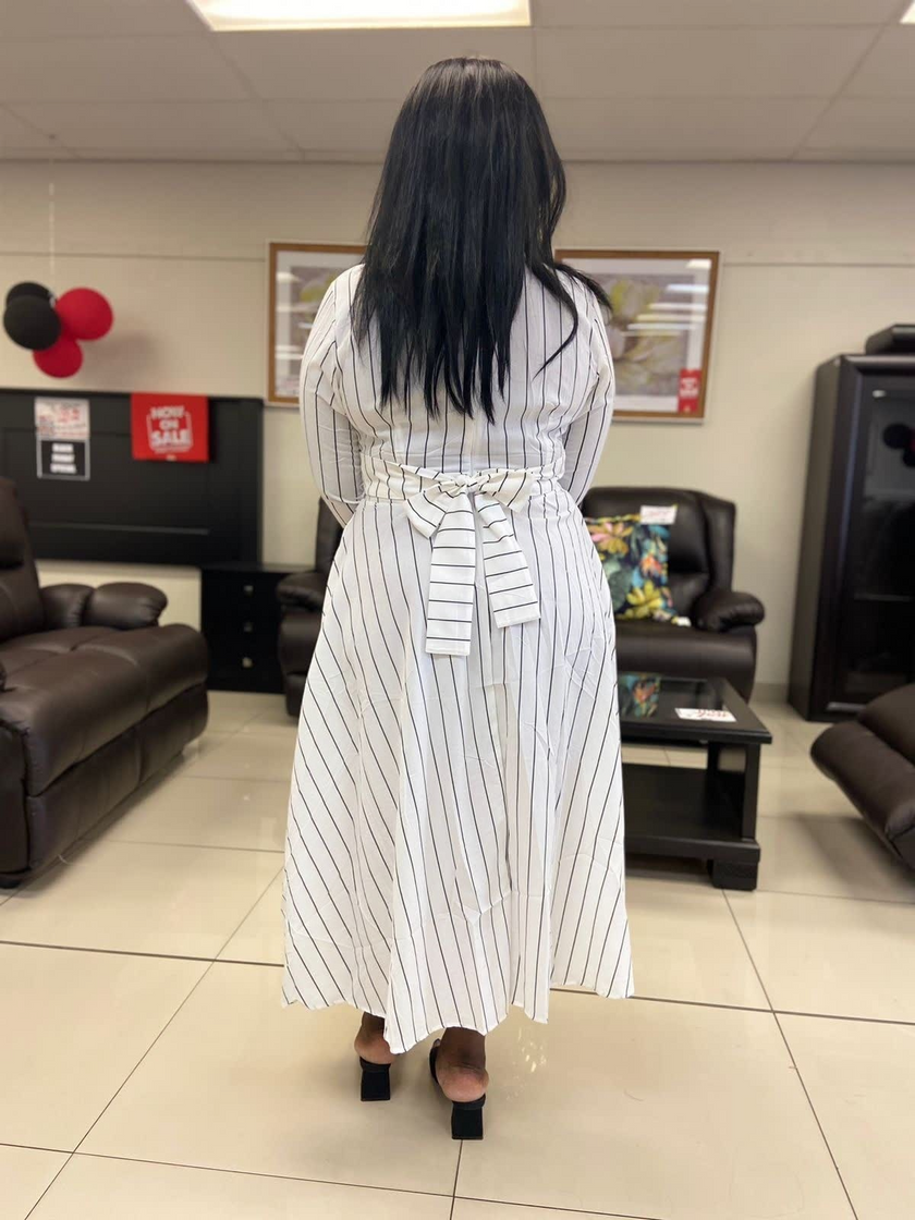 Striped Long Sleeve A-Line Dress, Turn-Down Collar, Front Opening, High Waistline